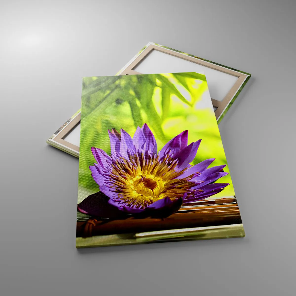 Bild auf Leinwand - Leinwandbild - Lila Lotusblüte vor einem Hintergrund aus grünen Bambusblättern - 80x120cm - In der asiatischen Sonne - Moderne Wanddekoration für Wohnzimmer und Schlafzimmer ARTTOR