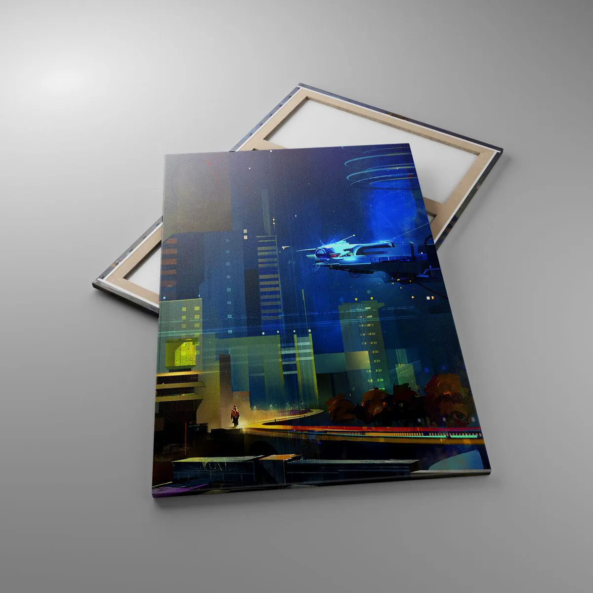 Quadro su tela - Stampe su Tela - Città futuristica di notte con luci al neon e un veicolo volante - 80x120cm - In un futuro non lontano - Decorazione murale moderna per soggiorno e camera da letto ARTTOR