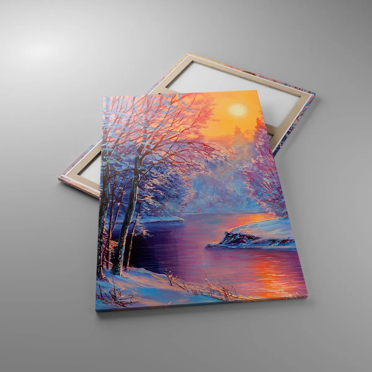 Obraz na płótnie - Zimowy krajobraz z rzeką i drzewami o wschodzie słońca - 80x120cm - Barwy zimy - Nowoczesna dekoracja ścienna do salonu i sypialni ARTTOR