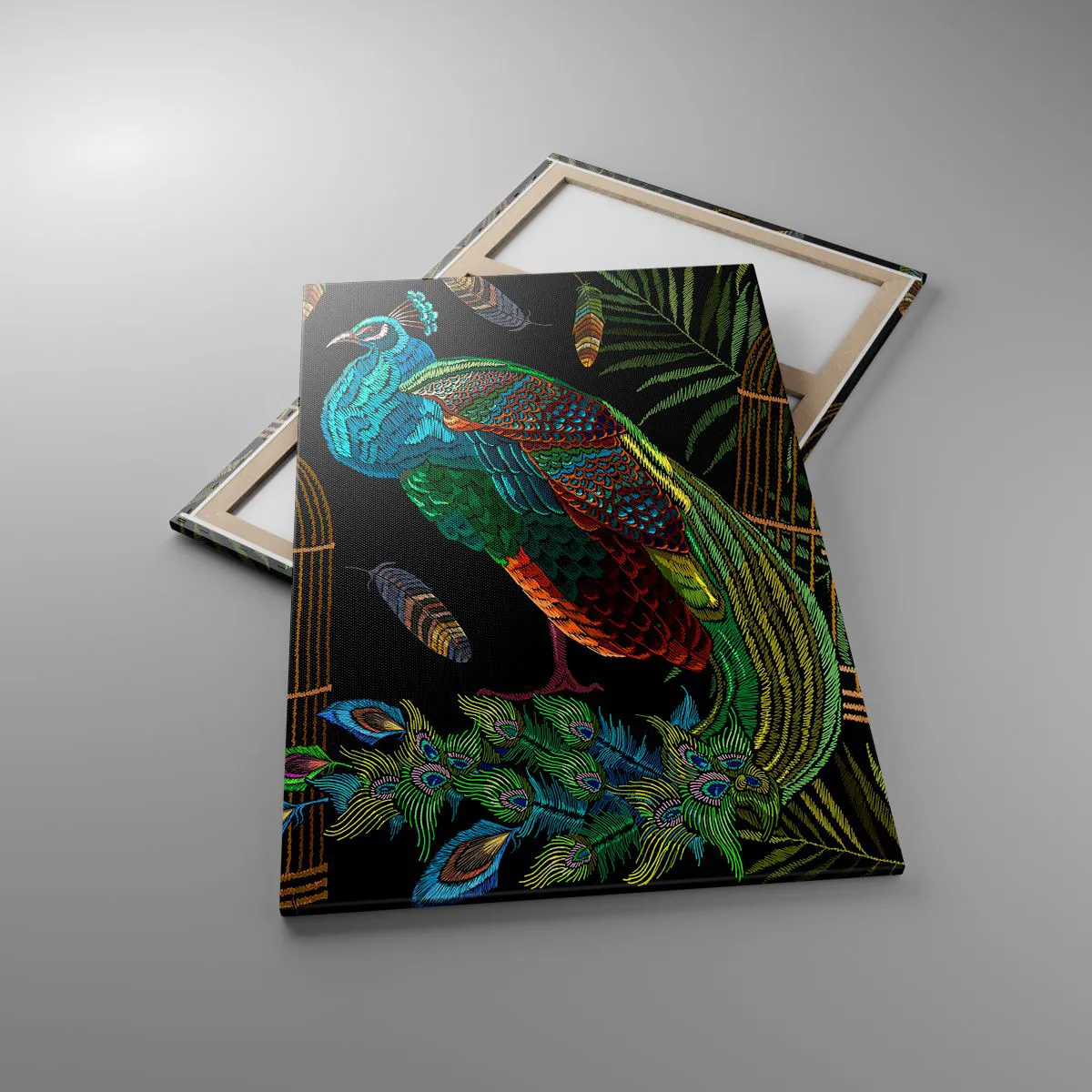 Cuadro sobre lienzo - Impresión de Imagen - Pavos reales junto a una jaula dorada sobre un fondo negro - 80x120cm - Con plumajes reales - Decoración de pared moderna para salón y dormitorio ARTTOR