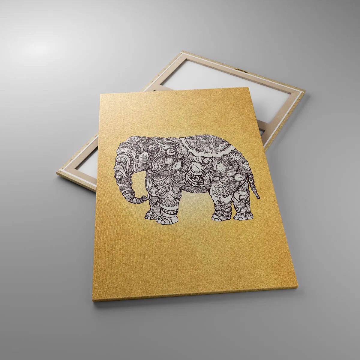 Impression sur toile - Image sur toile - Éléphant dessiné à la main avec un motif orné sur un fond beige - 80x120cm - L'éléphant s'est apprêté - Décoration murale moderne pour le salon et la chambre ARTTOR