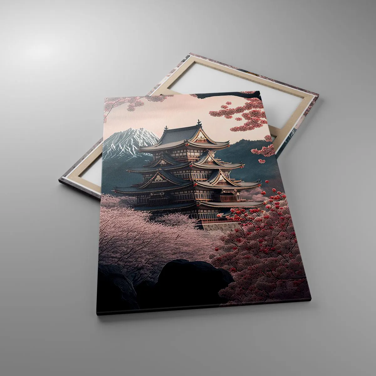 Obraz na płótnie - Japońska świątynia otoczona kwitnącymi wiśniami i górami - 80x120cm - Kraj kwitnącej wiśni - Nowoczesna dekoracja ścienna do salonu i sypialni ARTTOR