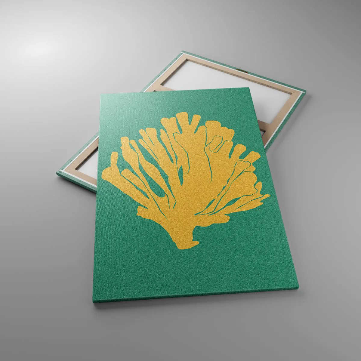 Obraz na płótnie - Minimalistyczna ilustracja koralowca w odcieniach złota na zielonym tle - 80x120cm - Krzak podwodnego lasu - Nowoczesna dekoracja ścienna do salonu i sypialni ARTTOR