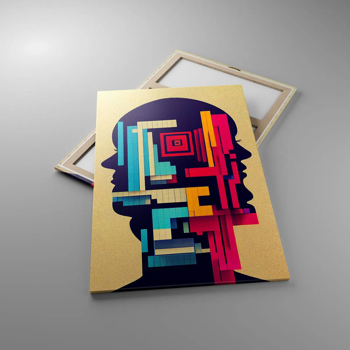 Obraz na płótnie - Abstrakcyjna ilustracja dwóch ludzkich sylwetek w geometrycznym stylu - 80x120cm - Nowe więzi - Nowoczesna dekoracja ścienna do salonu i sypialni ARTTOR