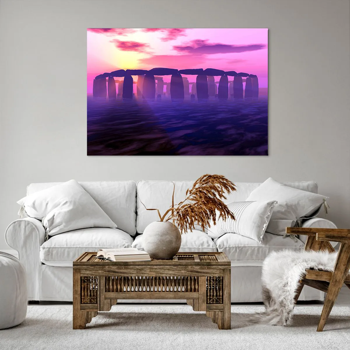 Impression sur toile - Image sur toile - Cercle de pierres au coucher du soleil avec un ciel violet - 100x70cm - Mystère à l'aube dans le brouillard - Décoration murale moderne pour le salon et la chambre ARTTOR