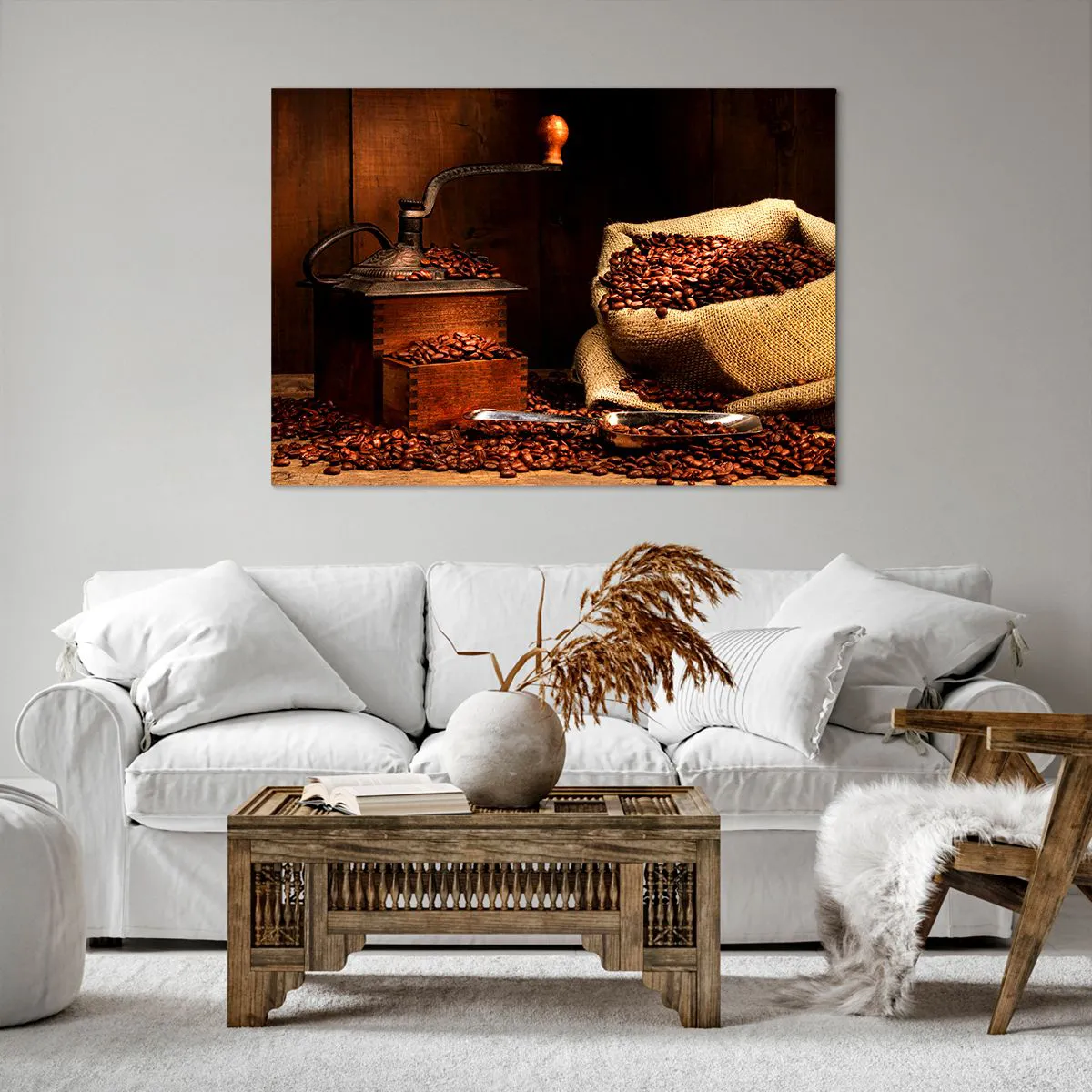 Quadro em tela - Natureza morta com grãos de café e moedor - 100x70 cm