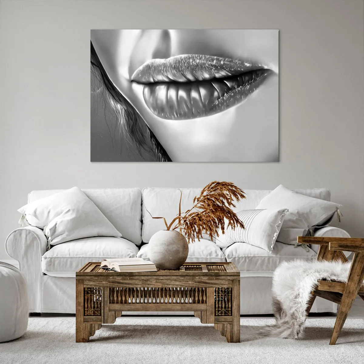 Cuadro sobre lienzo - Impresión de Imagen - Primer plano en blanco y negro de los labios de una mujer con efecto brillante y detalles. - 100x70cm - Sé lo que estás pensando... - Decoración de pared moderna para salón y dormitorio ARTTOR