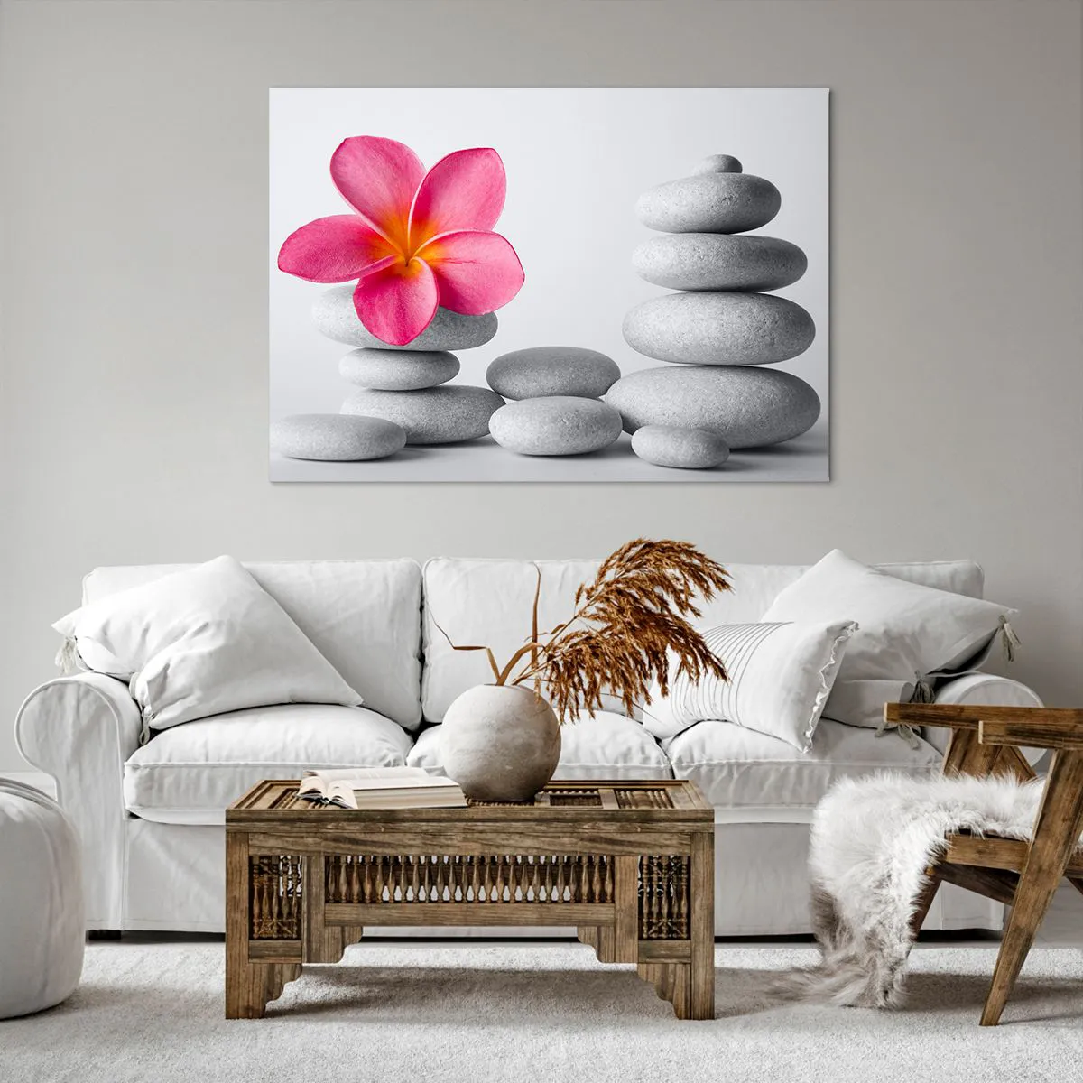 Cuadro sobre lienzo - Impresión de Imagen - Flor rosa sobre piedras de estilo zen - 100x70cm - Piedra sobre piedra, y sobre esta piedra.... - Decoración de pared moderna para salón y dormitorio ARTTOR