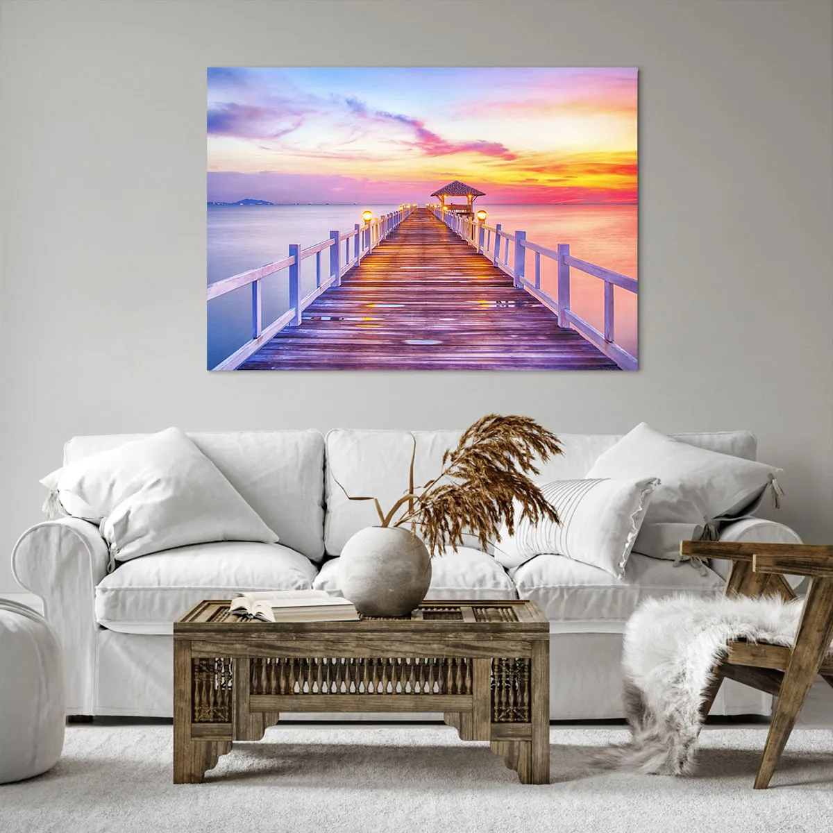 Cuadro sobre lienzo - Impresión de Imagen - Un muelle sobre el agua al atardecer en colores pastel. - 100x70cm - El silencio lila-dorado de la tarde - Decoración de pared moderna para salón y dormitorio ARTTOR