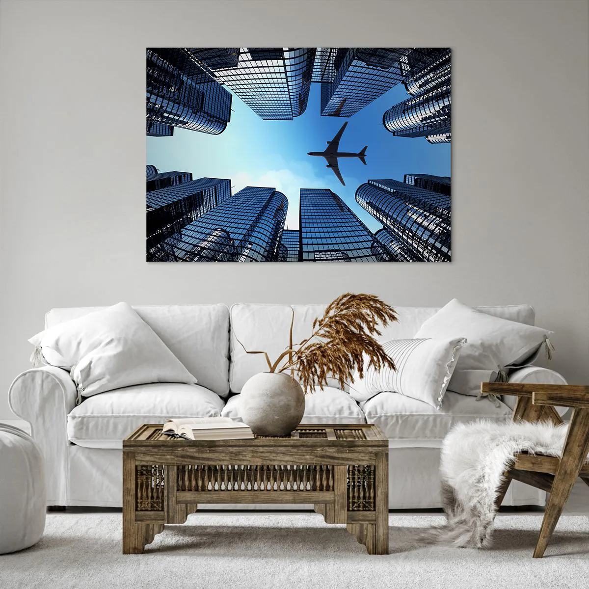 Impression sur toile - Image sur toile - Un avion survolant des gratte-ciels modernes dans le centre-ville. - 100x70cm - La vue depuis le ravin de verre - Décoration murale moderne pour le salon et la chambre ARTTOR