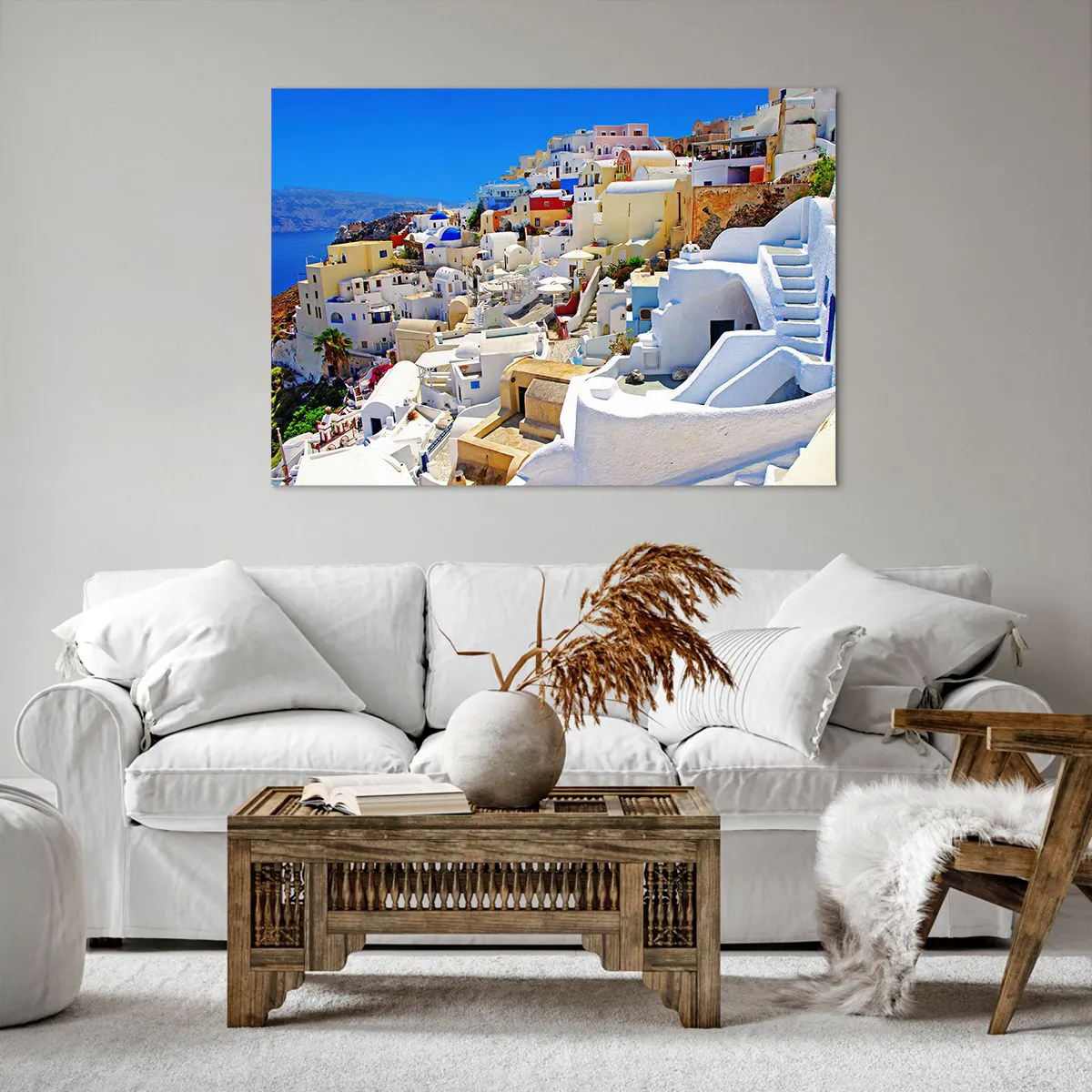 Obraz na płótnie - Panorama Santorini z białymi domami i błękitnym niebem - 100x70cm - Marzenie o greckim lecie - Nowoczesna dekoracja ścienna do salonu, kuchni i sypialni ARTTOR