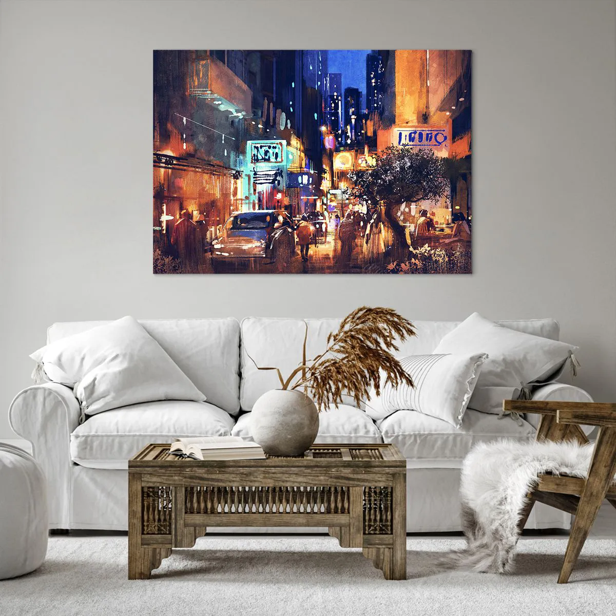 Quadro su tela - Stampe su Tela - Paesaggio urbano serale in stile impressionista - 100x70cm - Ma la città non dorme - Decorazione murale moderna per soggiorno e camera da letto ARTTOR