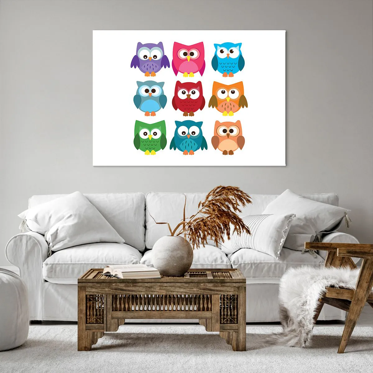 Obraz na płótnie - Kolorowe ilustracje sów w dziecięcym stylu - 100x70cm - Różnić można się zabawnie - Nowoczesna dekoracja ścienna do salonu, kuchni i sypialni ARTTOR