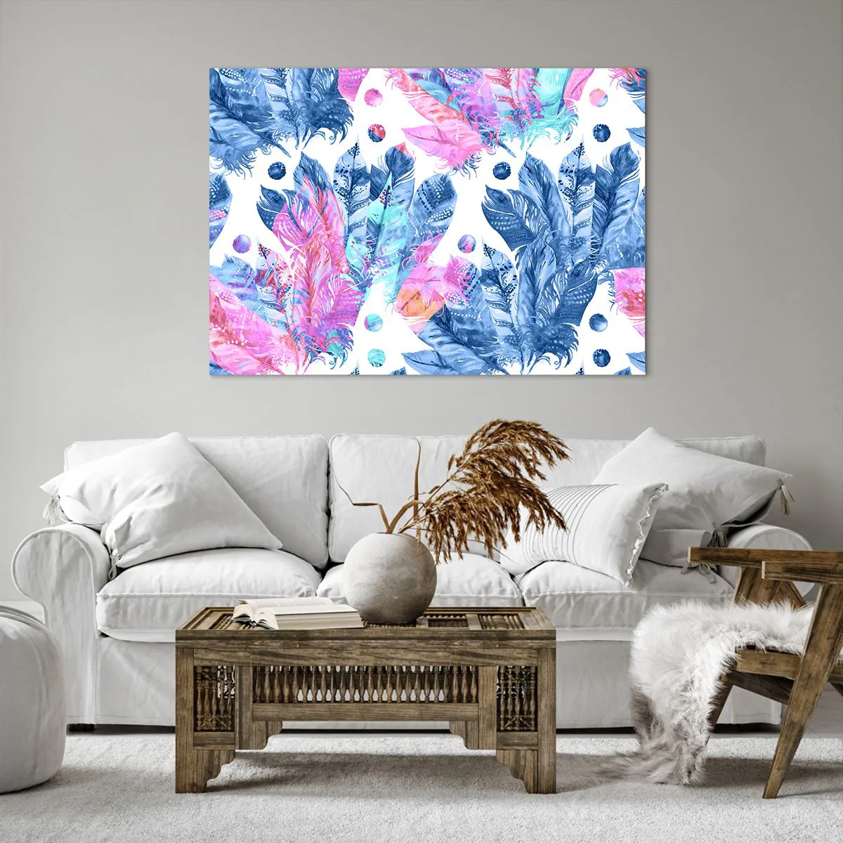 Vászonkép - Rózsaszín és kék tollak - 100x70 cm