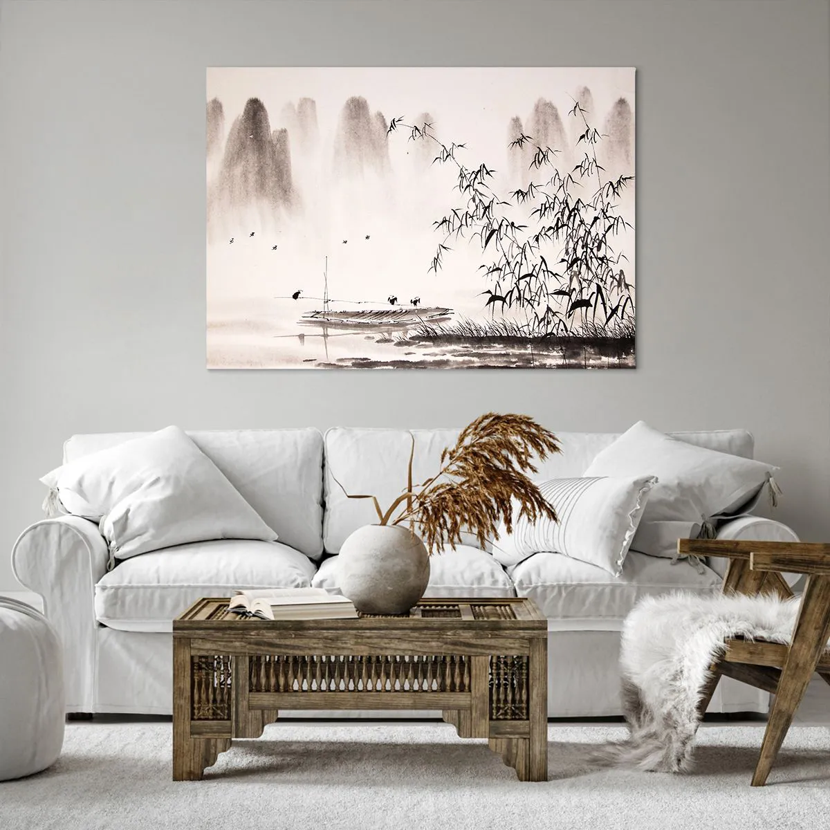 Impression sur toile - Image sur toile - Un paysage minimaliste de style oriental - 100x70cm - Le silence des rizières - Décoration murale moderne pour le salon et la chambre ARTTOR