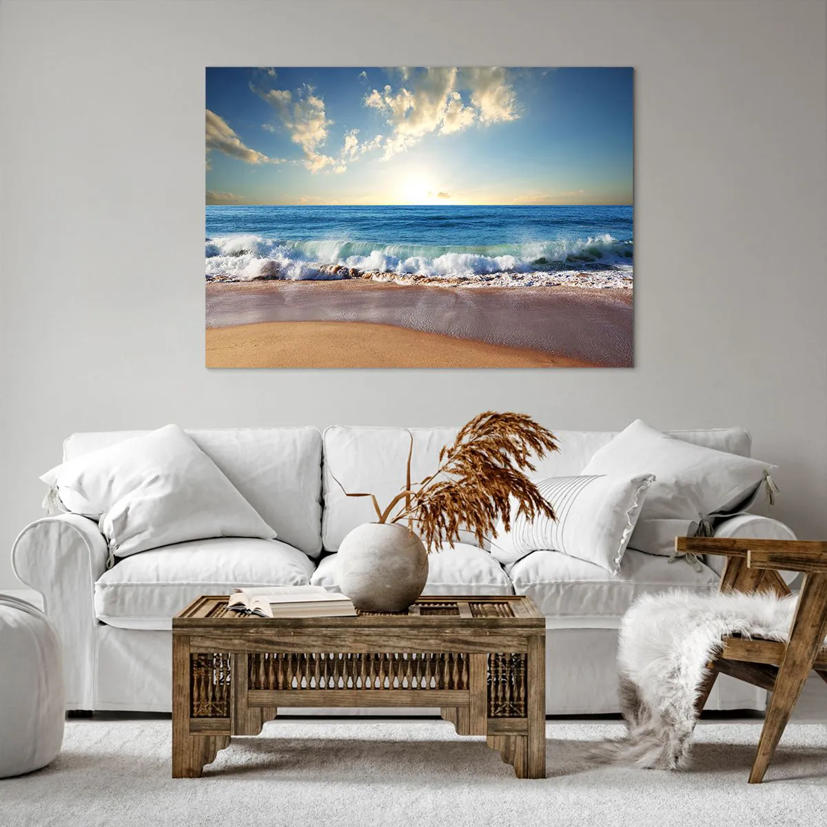 Quadro su tela - Stampe su Tela - Una spiaggia soleggiata con onde che si infrangono sulla riva - 100x70cm - Insieme movimento e immobilità - Decorazione murale moderna per soggiorno e camera da letto ARTTOR