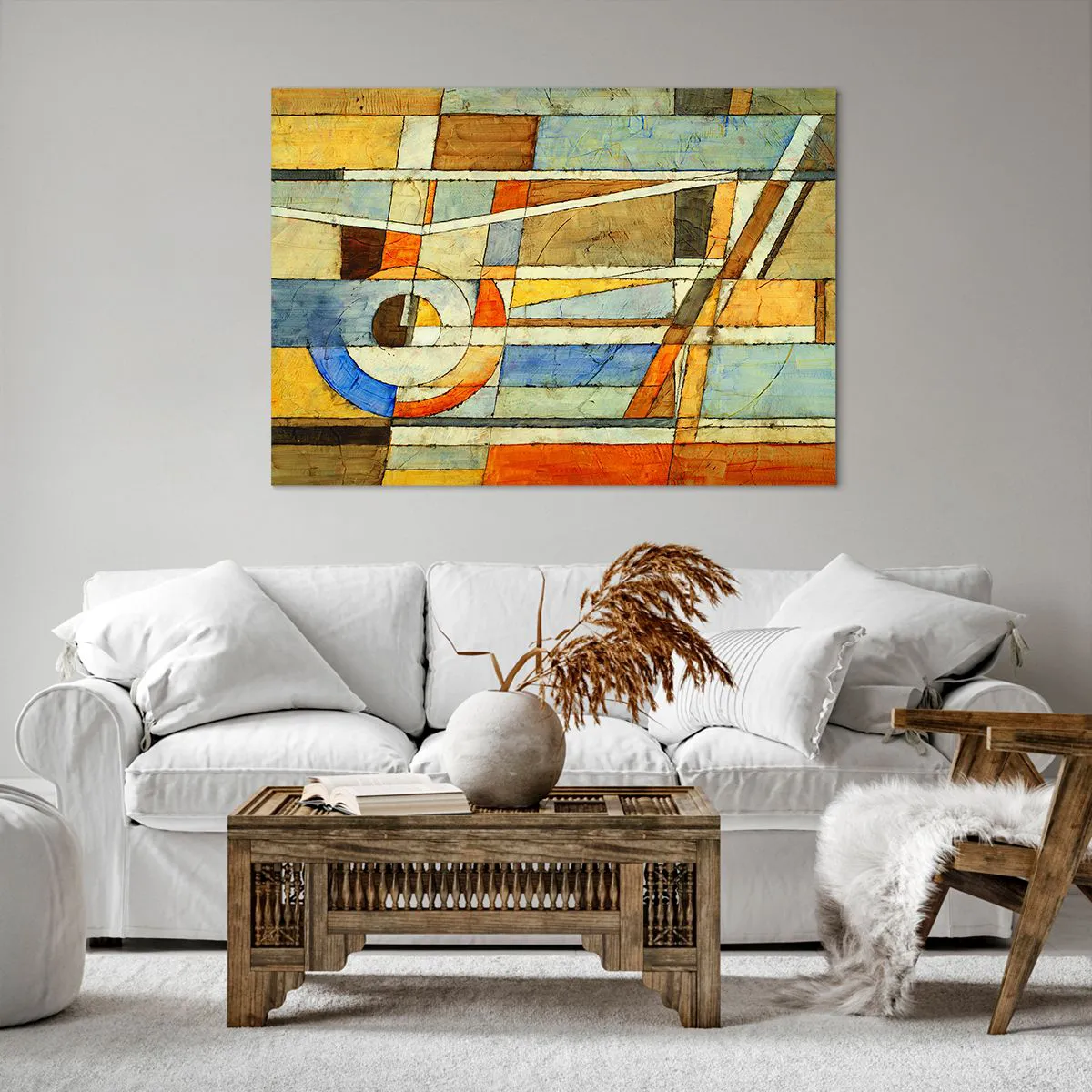 Obraz na płótnie - Geometryczna abstrakcja w odcieniach beżu, błękitu i pomarańczy - 100x70cm - Kubizm na budowie - Nowoczesna dekoracja ścienna do salonu, kuchni i sypialni ARTTOR