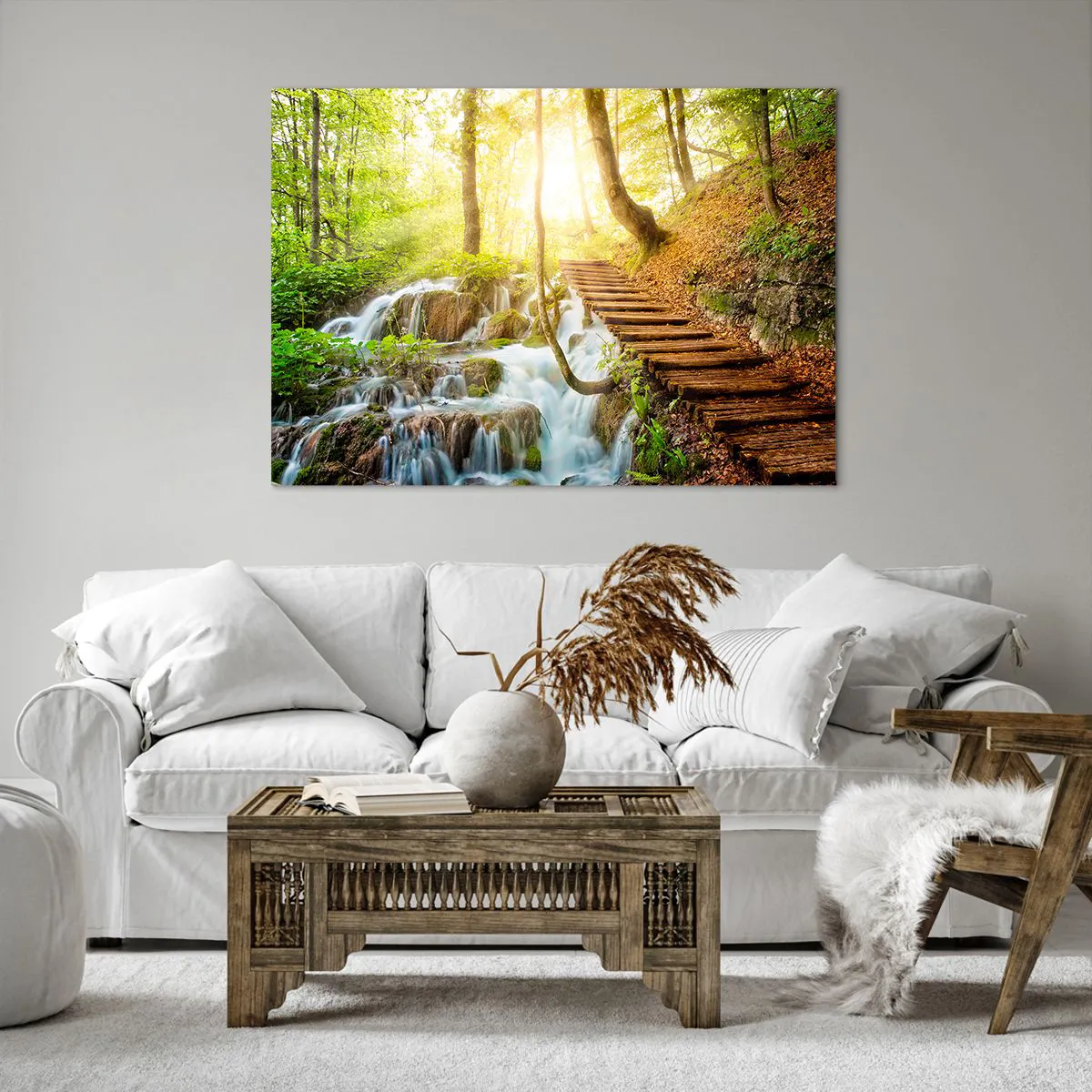 Impression sur toile - Image sur toile - Chemin forestier avec escaliers en bois près de la cascade - 100x70cm - Une fraîcheur tant désirée - Décoration murale moderne pour le salon et la chambre ARTTOR