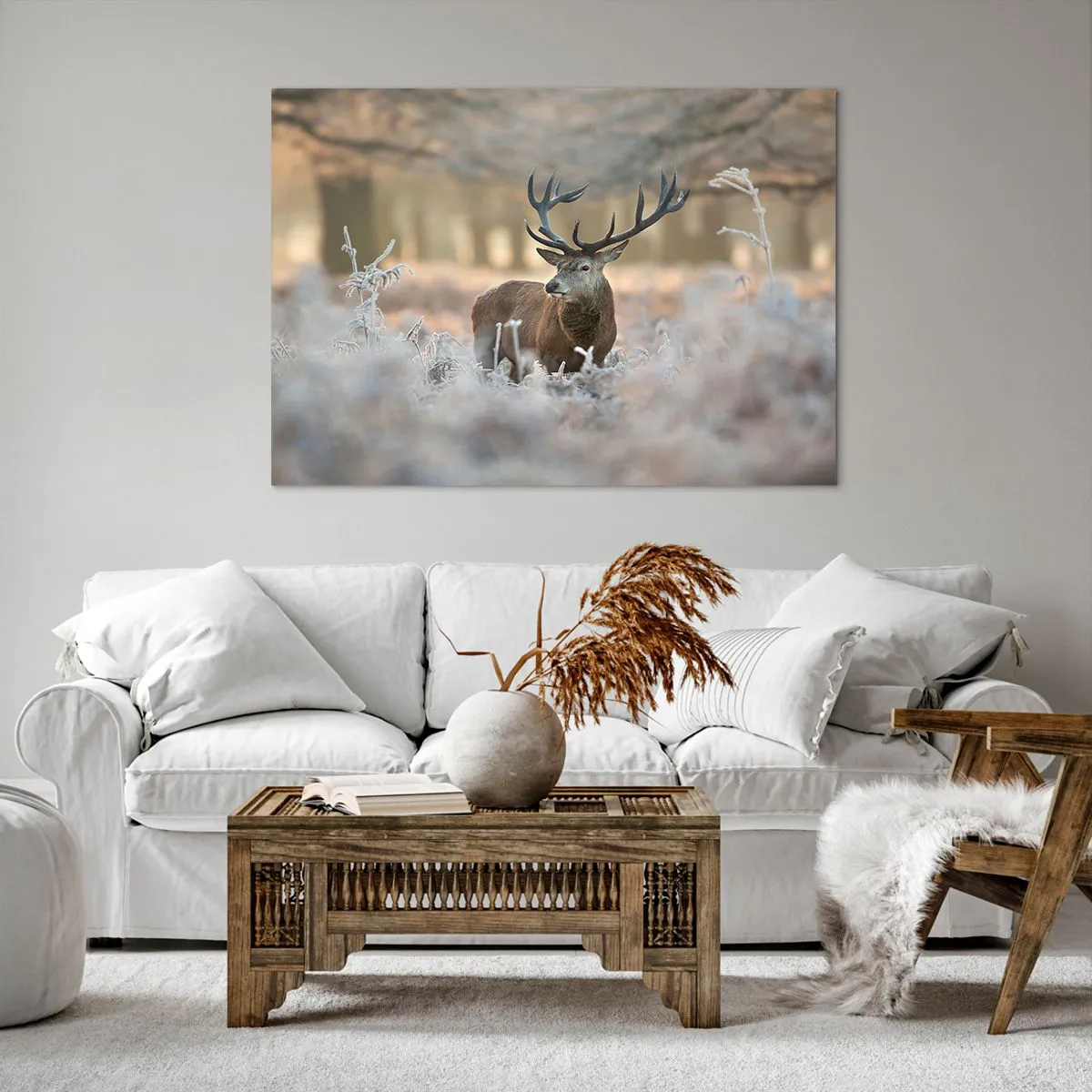 Quadro su tela - Stampe su Tela - Un cervo in una radura gelida in una foresta invernale dai colori tenui - 100x70cm - Fresco mattino - Decorazione murale moderna per soggiorno e camera da letto ARTTOR