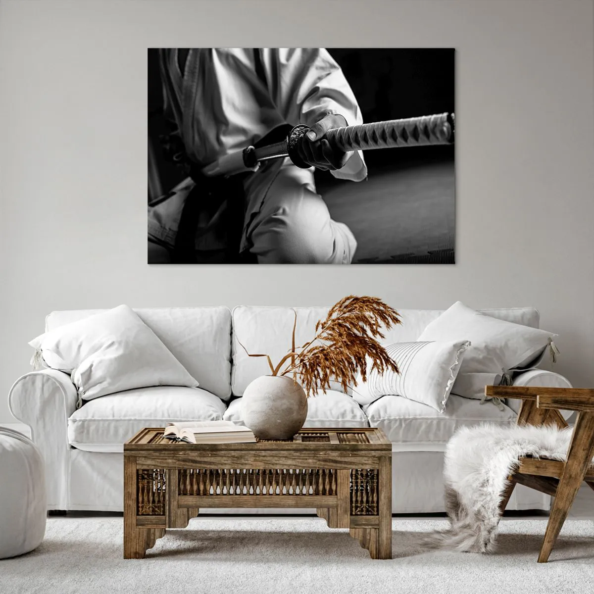 Obraz na płótnie - Samuraj w kimono trzymający katanę w czarno-białej tonacji - 100x70cm - Dusza wojownika - Nowoczesna dekoracja ścienna do salonu, kuchni i sypialni ARTTOR