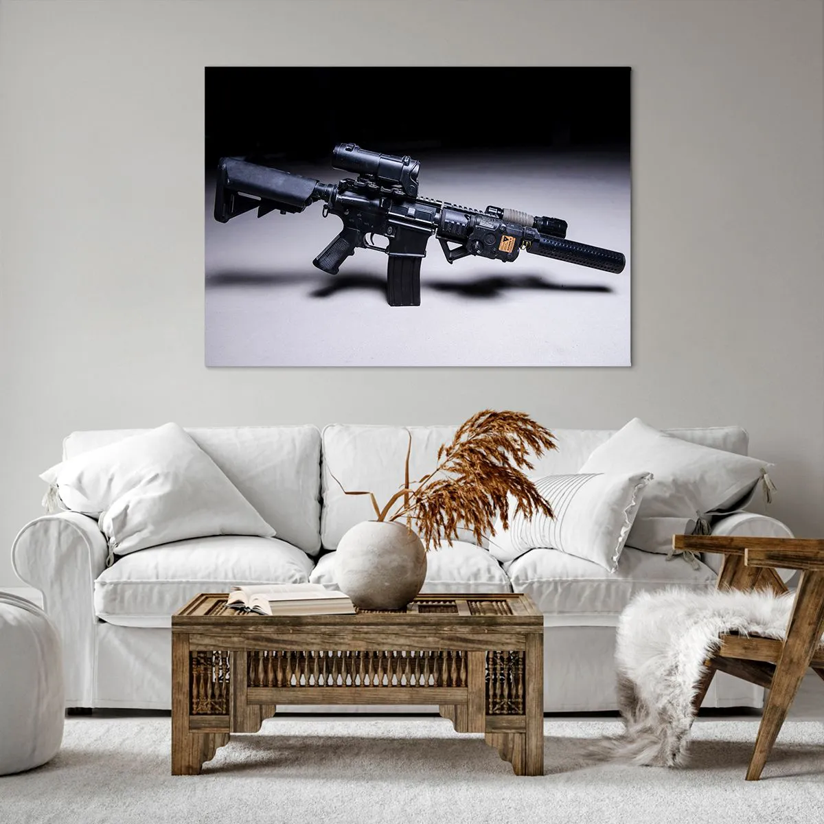 Cuadro sobre lienzo - Impresión de Imagen - Un rifle moderno en negro sobre un fondo oscuro. - 100x70cm - Un caballero oscuro - Decoración de pared moderna para salón y dormitorio ARTTOR