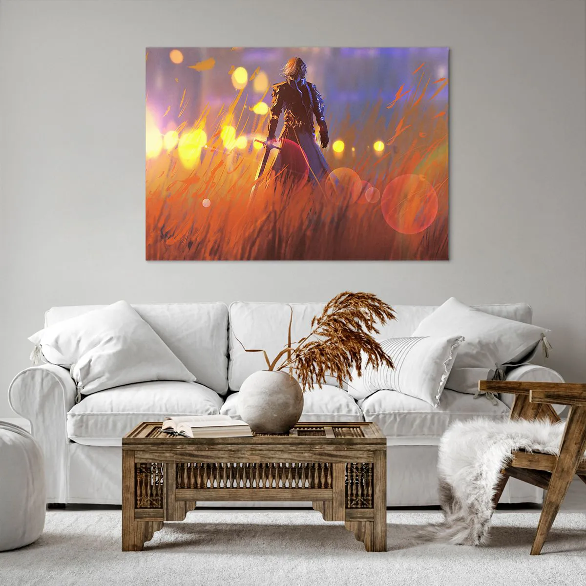 Impression sur toile - Image sur toile - La figure d'un chevalier à la lumière du soleil couchant dans un champ - 100x70cm - Chevalier errant - Décoration murale moderne pour le salon et la chambre ARTTOR