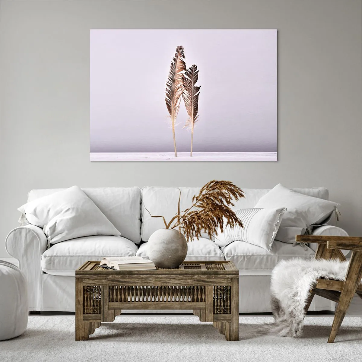 Impression sur toile - Image sur toile - Plumes délicates sur fond clair dans un style minimaliste - 100x70cm - Face au néant - Décoration murale moderne pour le salon et la chambre ARTTOR
