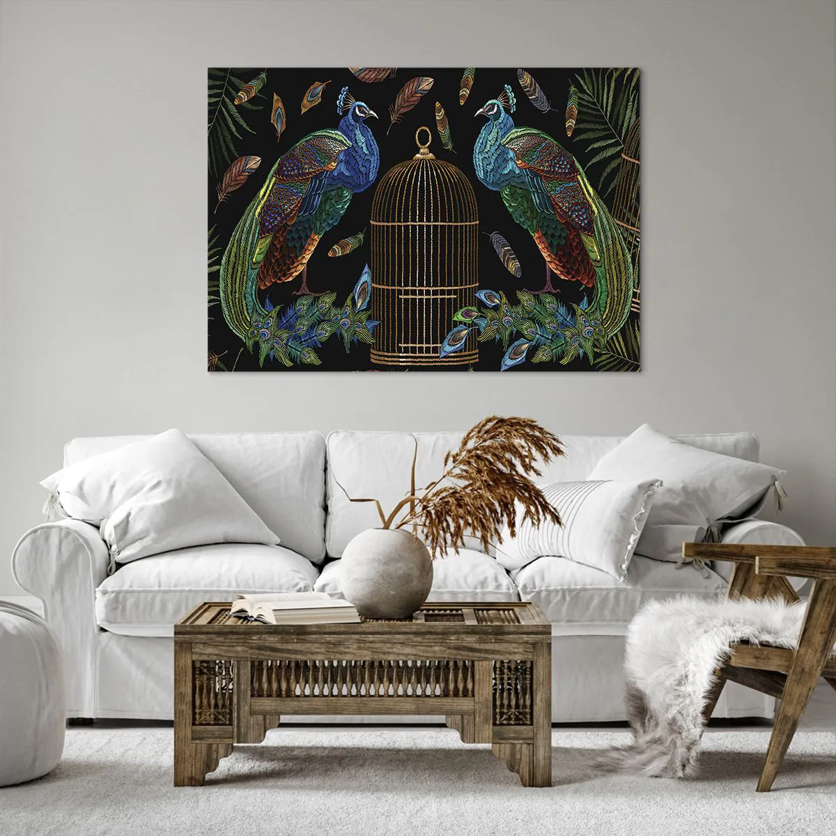 Impression sur toile - Image sur toile - Paons à côté d'une cage dorée sur fond noir - 100x70cm - En robes royales - Décoration murale moderne pour le salon et la chambre ARTTOR