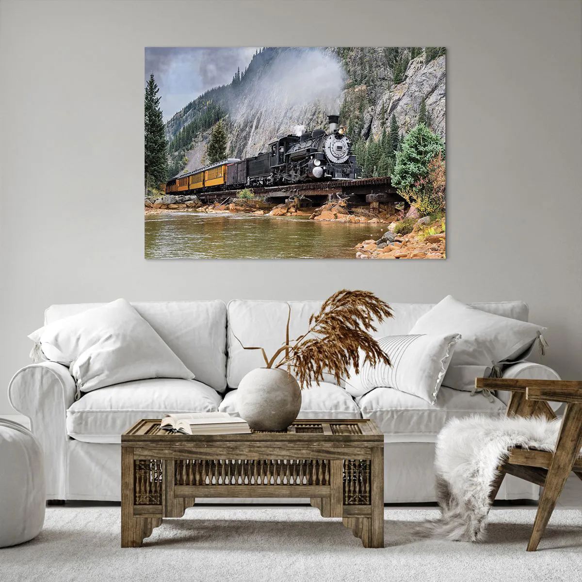 Obraz na płótnie - Parowóz na moście w malowniczym górskim krajobrazie - 100x70cm - A dokąd to? Dokąd? - Nowoczesna dekoracja ścienna do salonu, kuchni i sypialni ARTTOR