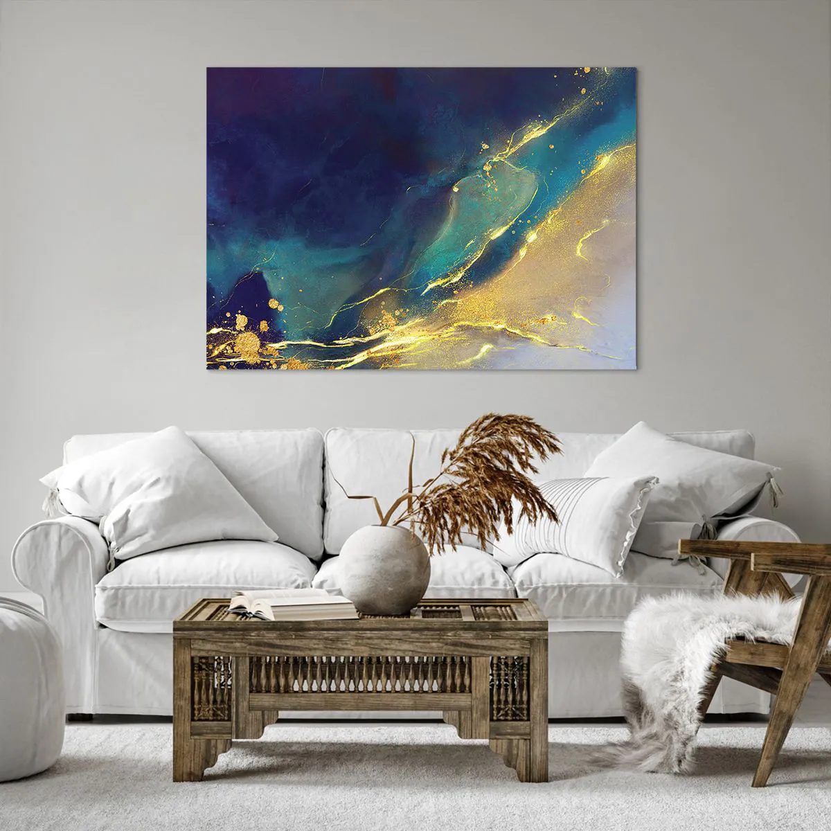 Bild auf Leinwand - Leinwandbild - Abstrakte Komposition in Blau- und Goldtönen auf Leinwand - 100x70cm - Der goldene Teich - Moderne Wanddekoration für Wohnzimmer und Schlafzimmer ARTTOR