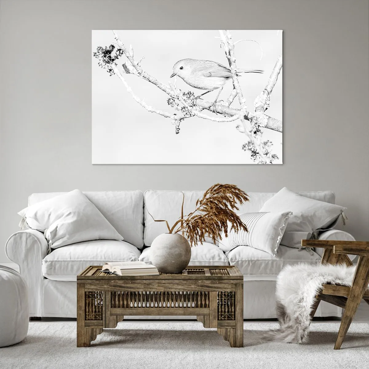 Impression sur toile - Image sur toile - Oiseau sur une branche en noir et blanc avec un style minimaliste - 100x70cm - Matin d'hiver - Décoration murale moderne pour le salon et la chambre ARTTOR