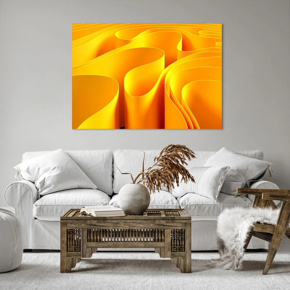 Impression sur toile - Image sur toile - Vagues abstraites jaunes ressemblant à des rayons de soleil - 100x70cm - Comme les vagues du soleil - Décoration murale moderne pour le salon et la chambre ARTTOR