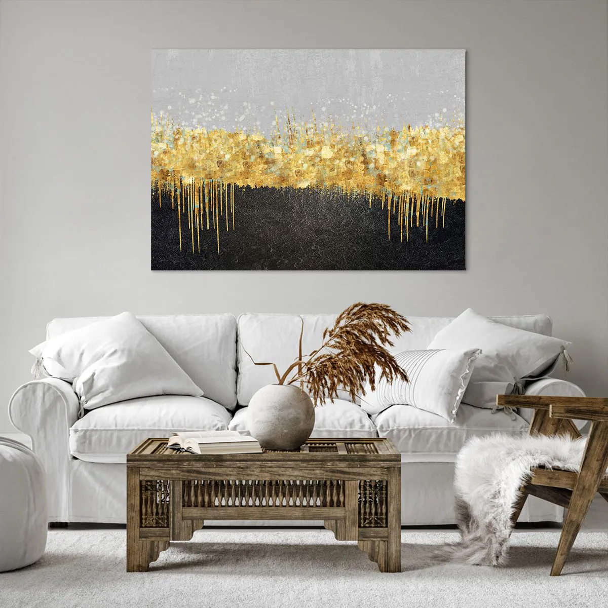 Bild auf Leinwand - Leinwandbild - Abstrakte Komposition in Gold- und Schwarztönen - 100x70cm - Nach innen und nach oben - Moderne Wanddekoration für Wohnzimmer und Schlafzimmer ARTTOR