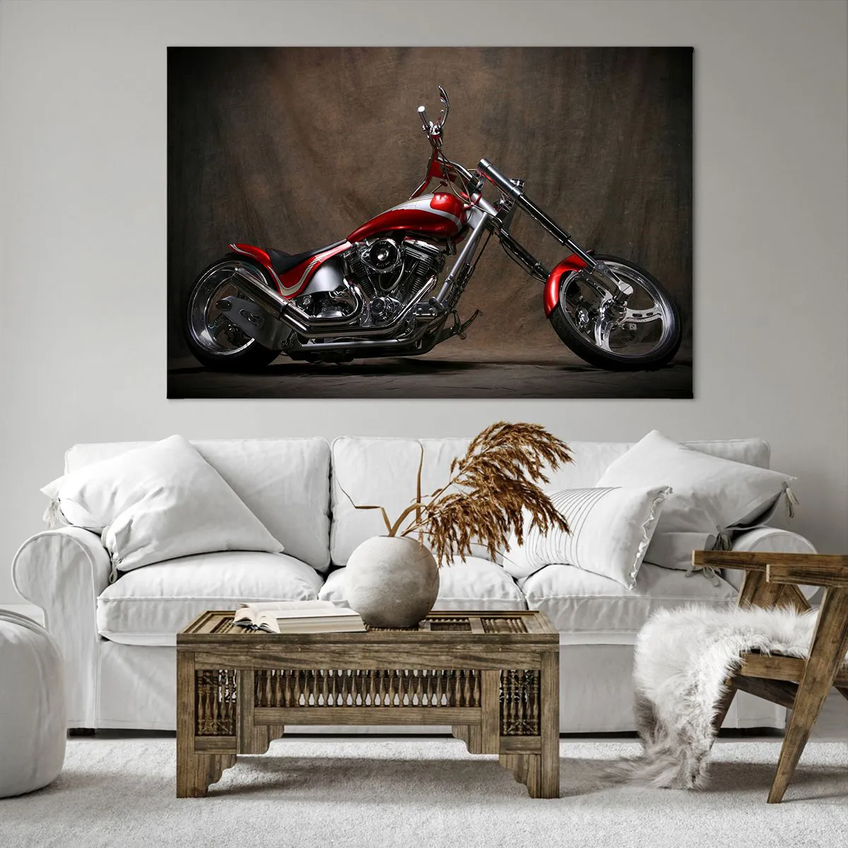 Cuadro sobre lienzo - Impresión de Imagen - Motocicleta roja personalizada sobre un fondo de tela marrón. - 120x80cm - Belleza rojo-plateada - Decoración de pared moderna para salón y dormitorio ARTTOR