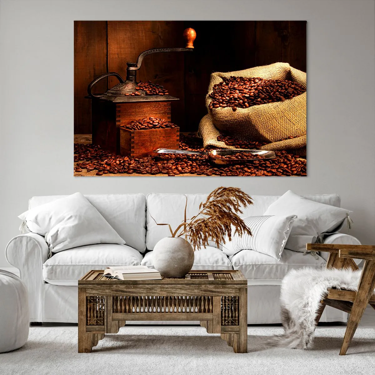 Quadro em tela - Natureza morta com grãos de café e moedor - 120x80 cm