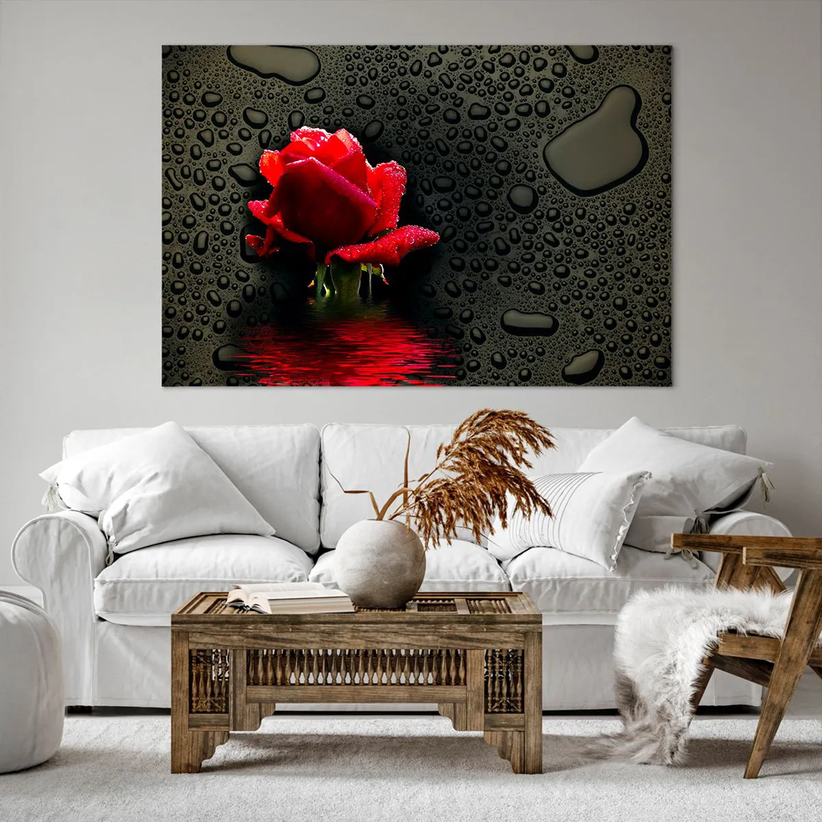 Impression sur toile - Image sur toile - Rose rouge avec des gouttes d'eau sur un fond sombre - 120x80cm - Rouge et noir - Décoration murale moderne pour le salon et la chambre ARTTOR