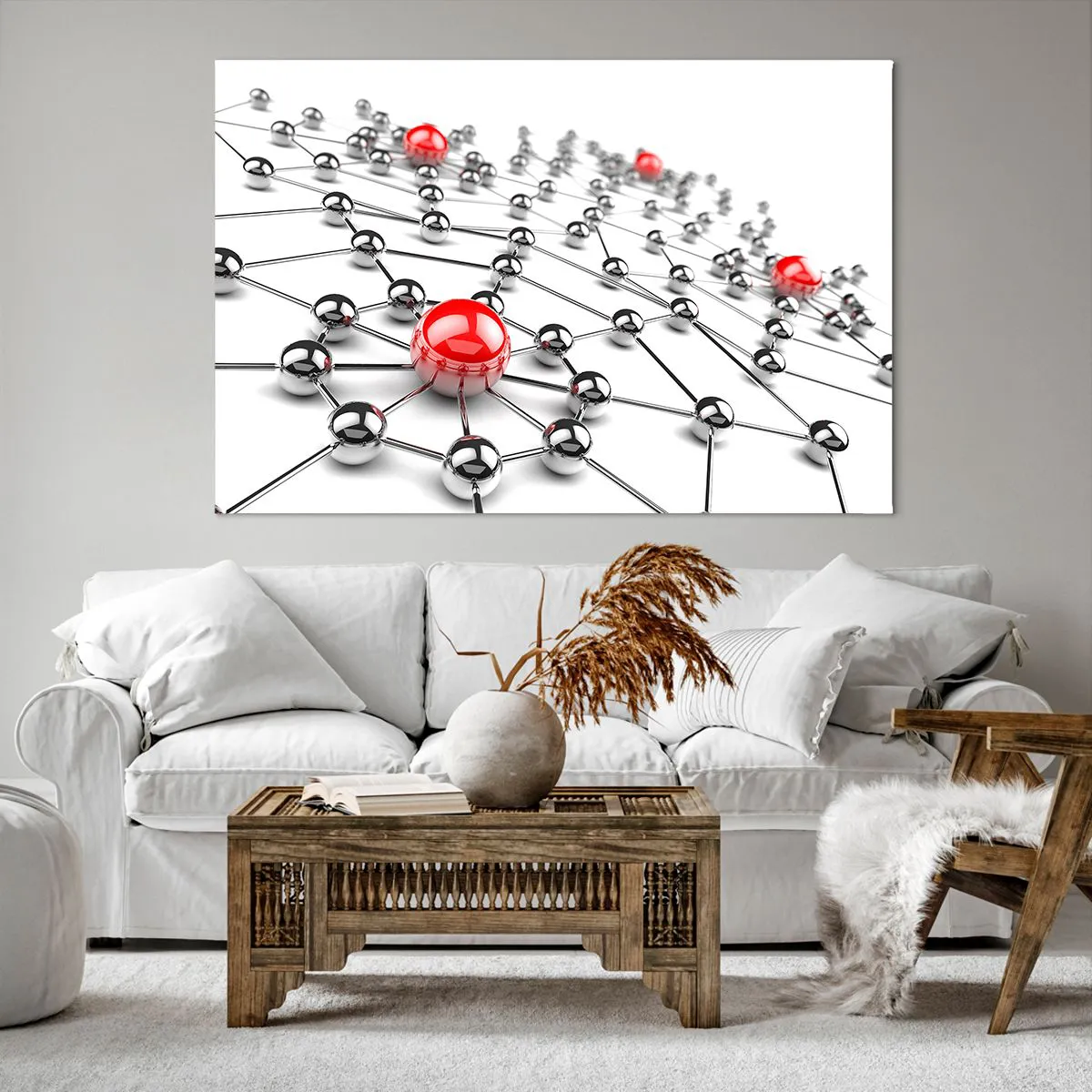 Cuadro sobre lienzo - Impresión de Imagen - Una red de bolas metálicas con acentos rojos. - 120x80cm - Una red plateada - Decoración de pared moderna para salón y dormitorio ARTTOR