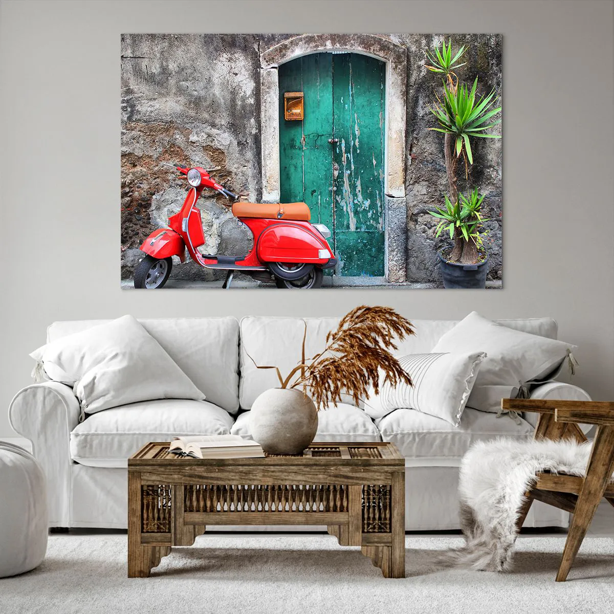 Bild auf Leinwand - Leinwandbild - Roter Roller an der grünen Tür - 120x80cm - Italienischer Urlaub - Moderne Wanddekoration für Wohnzimmer und Schlafzimmer ARTTOR