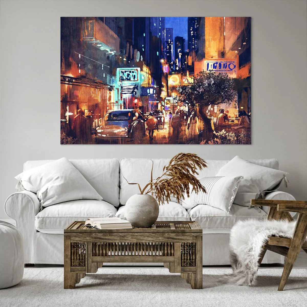Bild auf Leinwand - Leinwandbild - Abendliche Stadtansicht im impressionistischen Stil - 120x80cm - Und die Stadt ist wach - Moderne Wanddekoration für Wohnzimmer und Schlafzimmer ARTTOR