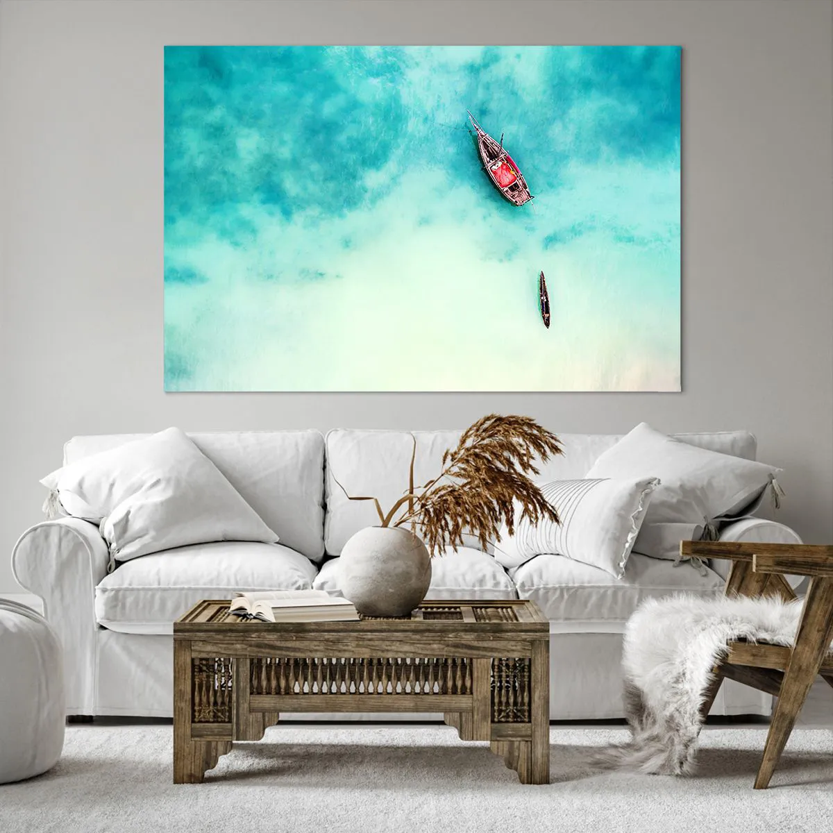 Bild auf Leinwand - Leinwandbild - Boote auf türkisfarbenem Wasser aus der Vogelperspektive - 120x80cm - Denn an den Stränden von Sansibar, wenn der Wasserüberschuss ... - Moderne Wanddekoration für Wohnzimmer und Schlafzimmer ARTTOR