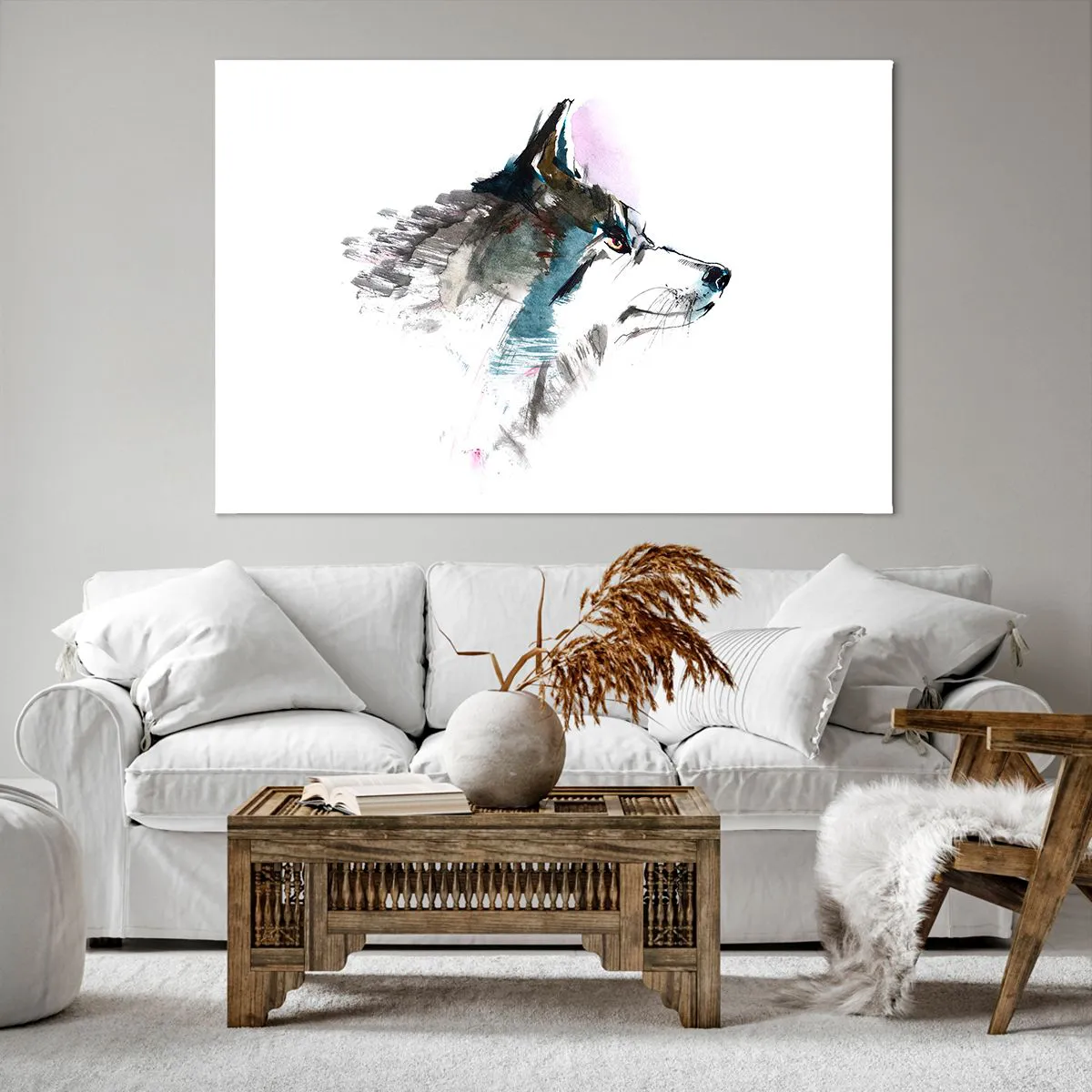 Obraz na płótnie - Akwarelowy wilk w minimalistycznym stylu - 120x80cm - O wilku mowa - Nowoczesna dekoracja ścienna do salonu, kuchni i sypialni ARTTOR