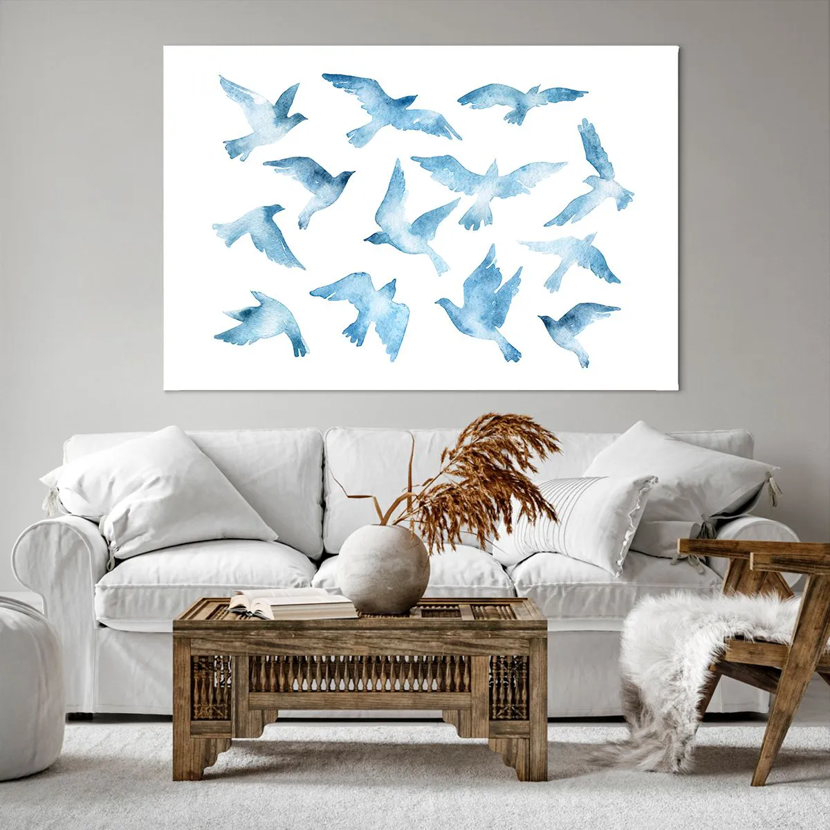 Bild auf Leinwand - Leinwandbild - Ein subtiles Aquarell, das fliegende Vögel darstellt - 120x80cm - Blaue Vögel - Moderne Wanddekoration für Wohnzimmer und Schlafzimmer ARTTOR