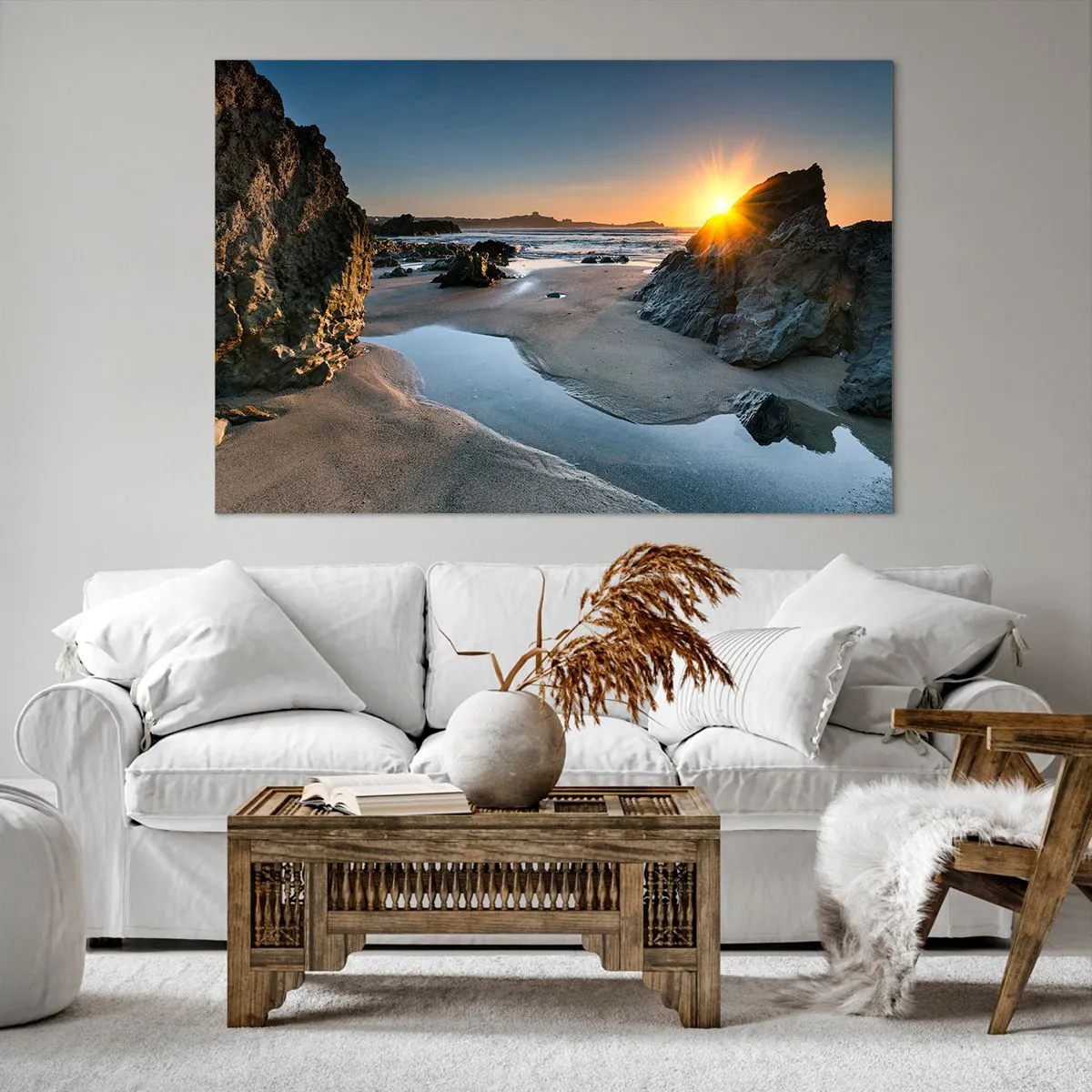 Impression sur toile - Image sur toile - Coucher de soleil pittoresque sur une plage rocheuse - 120x80cm - Intouché par la main de l'homme - Décoration murale moderne pour le salon et la chambre ARTTOR
