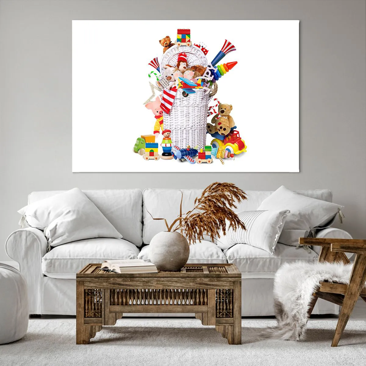Obraz na płótnie - Kolorowy kosz pełen dziecięcych zabawek - 120x80cm - Skarby malucha - Nowoczesna dekoracja ścienna do salonu, kuchni i sypialni ARTTOR