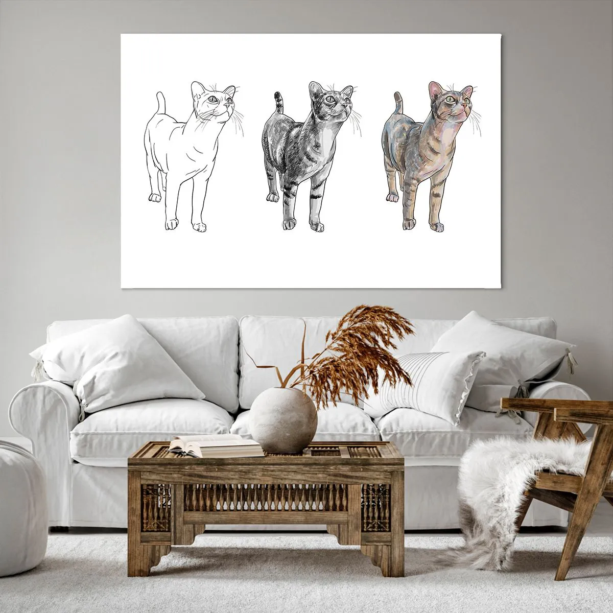 Obraz na płótnie - Ewolucja rysunku kota od szkicu do kolorowej formy - 120x80cm - Lekcja rysunku - Nowoczesna dekoracja ścienna do salonu, kuchni i sypialni ARTTOR