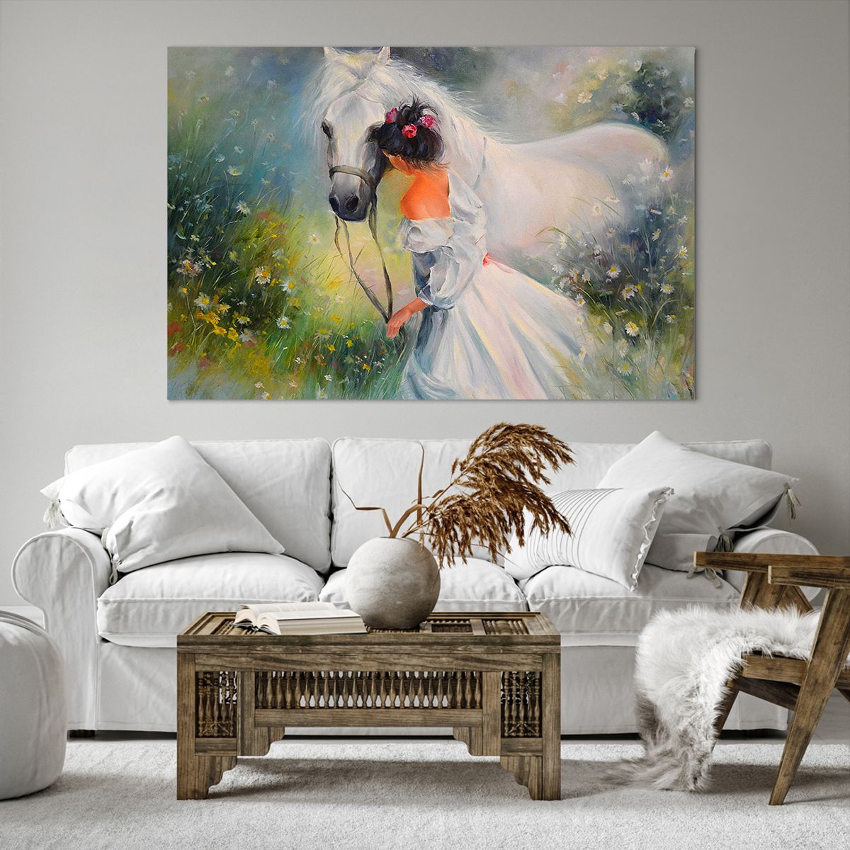 Canvas picture Woman, Canvas picture Horse, Canvas picture Meadow, Canvas picture Flowers, Canvas picture Art