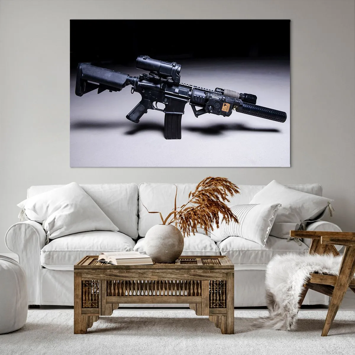 Cuadro sobre lienzo - Impresión de Imagen - Un rifle moderno en negro sobre un fondo oscuro. - 120x80cm - Un caballero oscuro - Decoración de pared moderna para salón y dormitorio ARTTOR