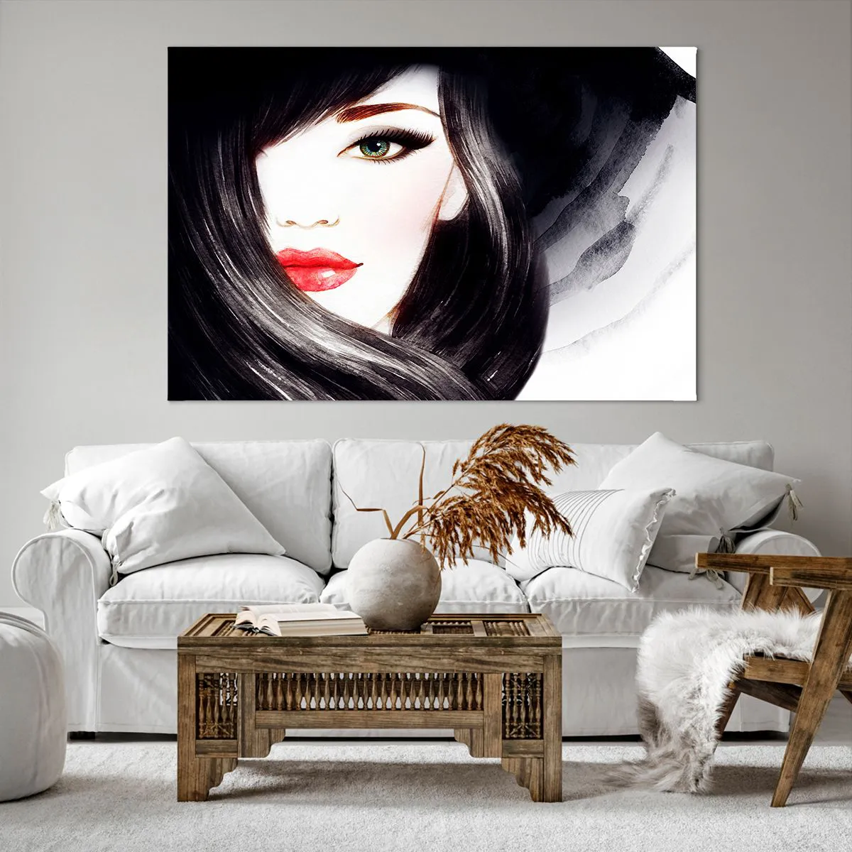 Quadro su tela - Stampe su Tela - Ritratto di una donna dallo sguardo espressivo e dalle labbra rosse - 120x80cm - Sguardo di zaffiro - Decorazione murale moderna per soggiorno e camera da letto ARTTOR