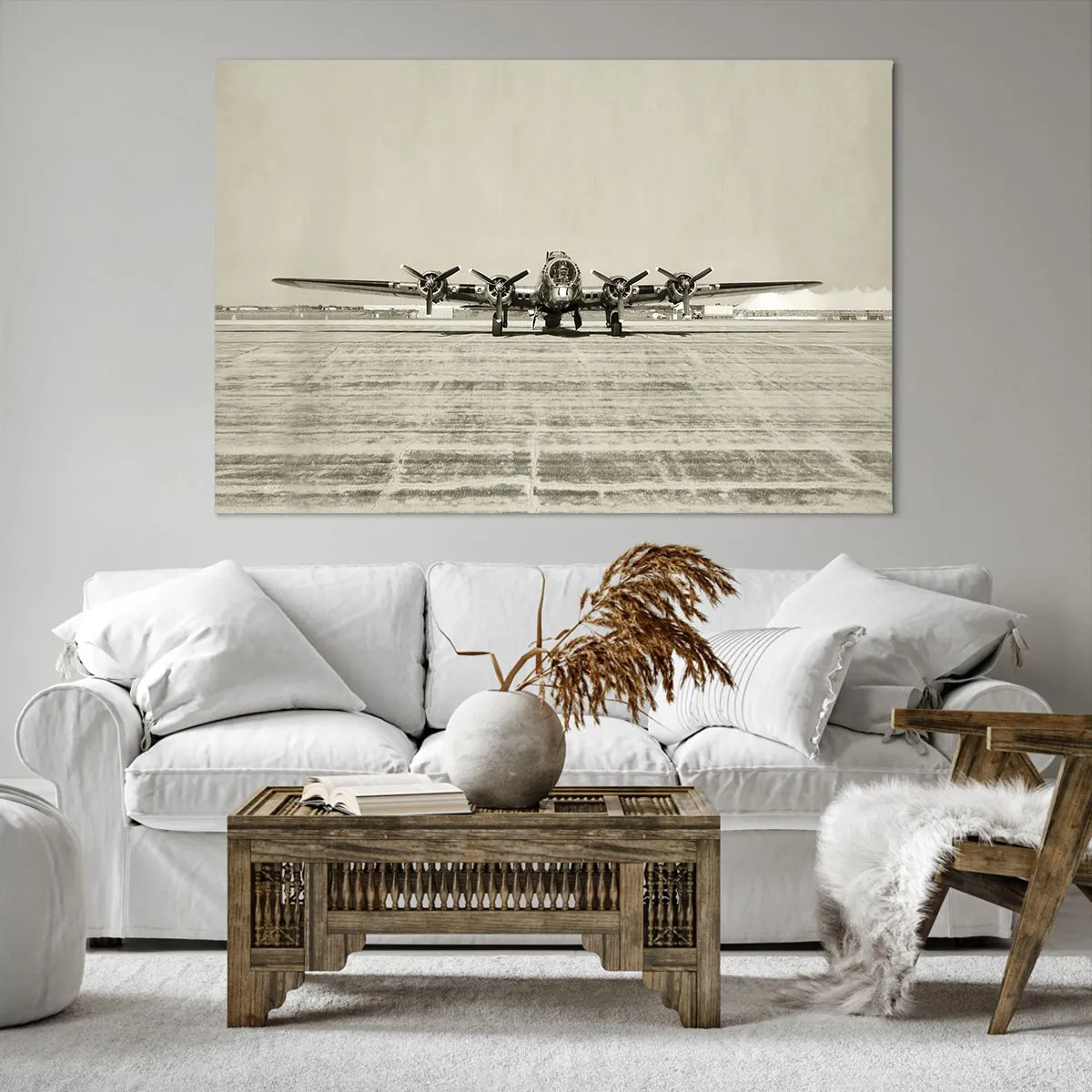 Bild auf Leinwand - Leinwandbild - Historisches Flugzeug auf dem Flughafen in Sepia - 120x80cm - Wie immer bereit - Moderne Wanddekoration für Wohnzimmer und Schlafzimmer ARTTOR