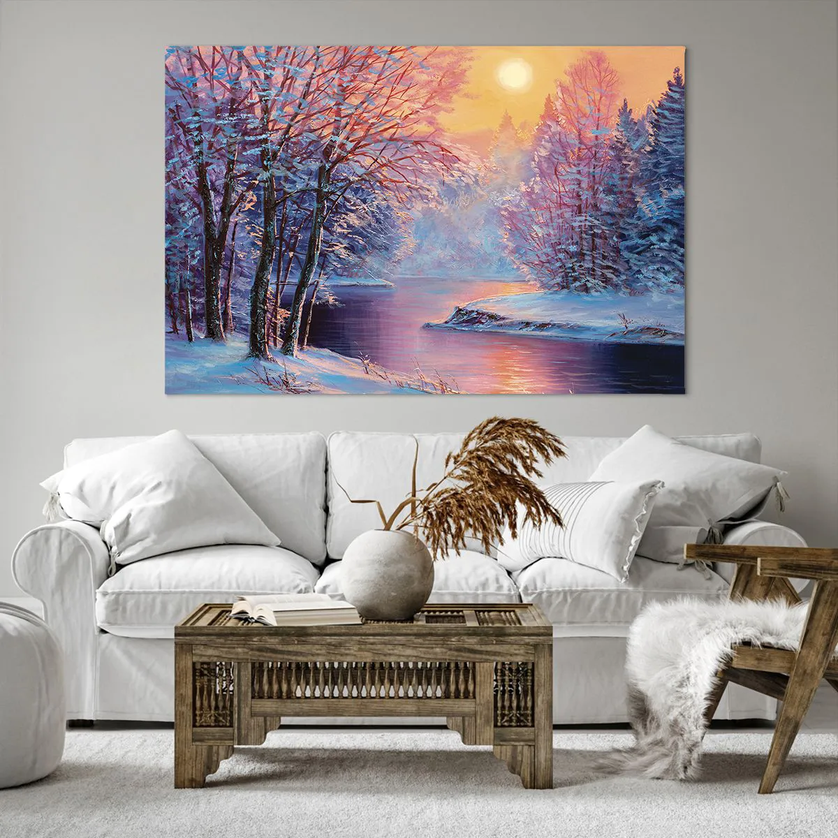 Impression sur toile - Image sur toile - Paysage d'hiver avec rivière et arbres au lever du soleil - 120x80cm - Couleurs d'hiver - Décoration murale moderne pour le salon et la chambre ARTTOR